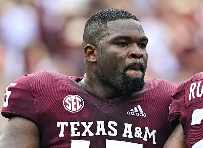Aggies defensive lineman Albert Regis